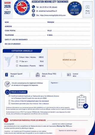 Inscription Taekwondo 2026-2027